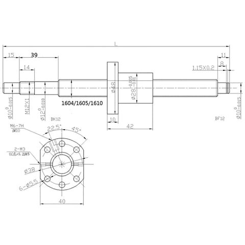 Technical drawing of Rock Solid SFU1605 RM1605 Ball Screw Kit 16mm By 600mm with dimensions and specifications.