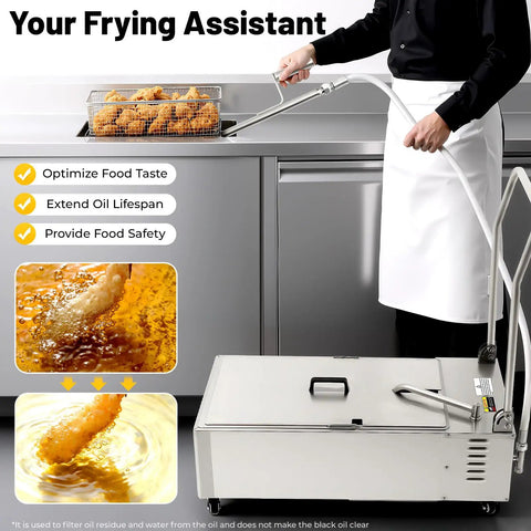 Heavy Duty 55L Mobile Fryer Oil Filter Machine With Cart Commercial Frying System For Restaurants in stainless steel with frying basket.