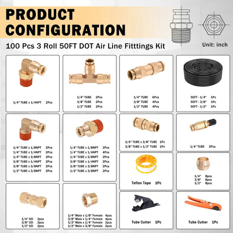 Brass DOT air line fittings kit, 100 pcs with 3 rolls of 50 ft tubing; includes 1/4, 3/8, 1/2 in fittings