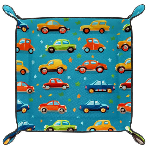 Smooth Setup Cartoon Car Grid Valet Tray For Nightstand Desk Holds Jewelry Coins Keys Wallet Durable Microfiber Catch All Daily Carry Essentials Pretty Cool, colorful car design.