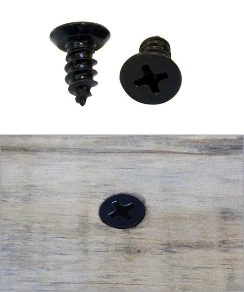 Sweet Little Flathead Phillips Wood Screws With Antiqued Black Finish For No Sweat Assembly On Lumber Garden Gear And Diy Crafts Comes Ready With One Hundred Pieces on wood surface.