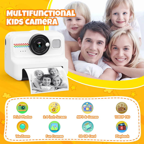 Kids Instant Print Camera With 1080P HD Imaging And No Ink Thermal Printing Includes 3 Rolls Photo Paper And 32GB Memory Card, white front view with printed photo