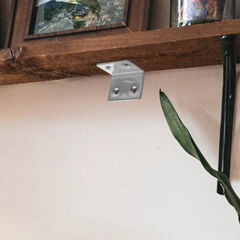 Installed Ten Pack 304 Stainless Steel Shelf Bracket 90 Degree L Shaped Support under a wooden shelf