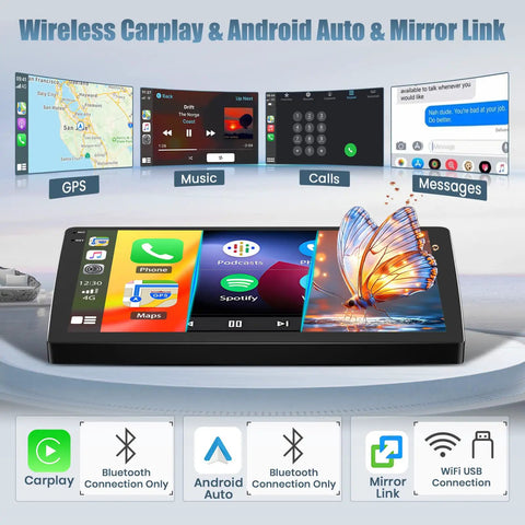 Premium 10.1 Inch Android 15 Car Radio Stereo Head Unit Kit Features Zero Lag Processing No Sweat Setup Sweet Soundstage Tuning And Plug And Play Wiring Harness Specifically Customized For Jeep Liberty Models From 2008 To 2012 showing wireless Carplay and Android Auto interface.