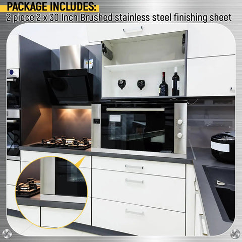 2 Pack Stainless Steel Trim Strips 304 Brushed Finish Metal Finishing Gap Filler for Kitchen Tools shown in modern kitchen setup