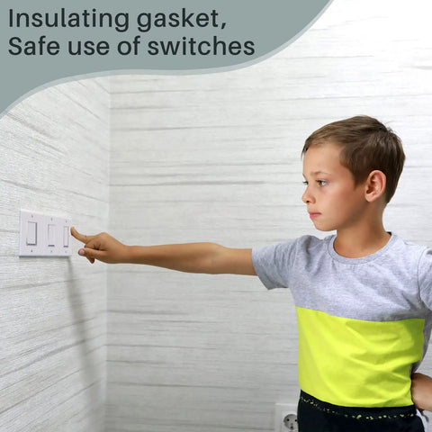 Child using a light switch protected by Universal Foam Outlet Insulation Pads And Draft Sealer Gaskets For Electrical Outlets.