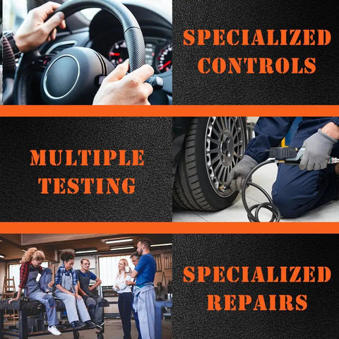 Mechanic performing tire repair; automotive testing and team discussion; showing specialized controls and repairs process.