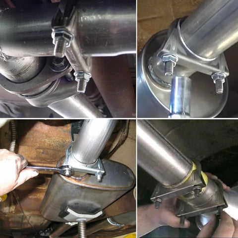 LCGP 2.5-inch heavy-duty saddle-type U-bolt exhaust clamp, anti-corrosion, 2-pack, shown on muffler piping.