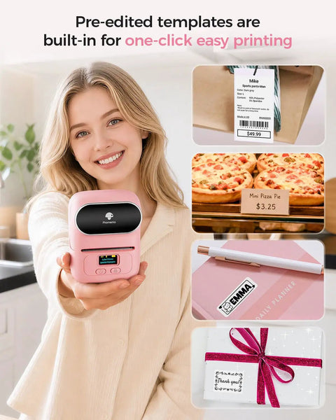 No Sweat Portable Thermal Label Printer With Crisp Built In Display And Smartphone App Hookup For Home And Small Business Quick Print Name Tags Price Stickers Cable Wraps Jewelry Cards Up To Fifty Millimeters Wide held by a smiling woman.