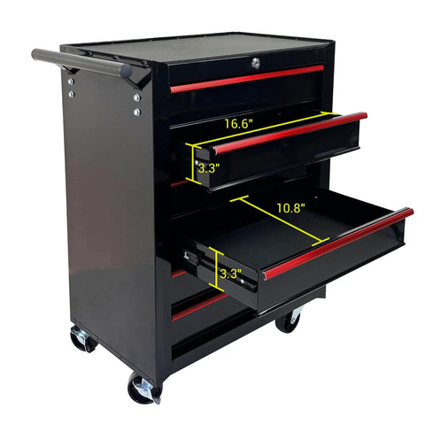 Heavy Duty Rollin Tool Chest With Six Slick Ball Bearing Glides And Scratch Proof Steel Worktop Featuring Locked Swivel Casters For Easy Shop Or Job Site Haulin In Tough Black Powder Coat showing open drawers and dimensions.