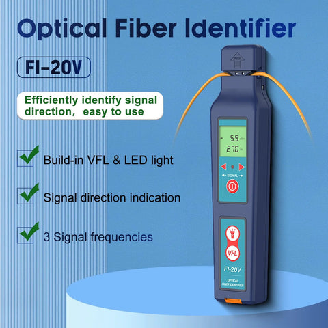 Front view of FI-20V optical fiber identifier with built-in VFL LED, blue housing and orange fiber cables.