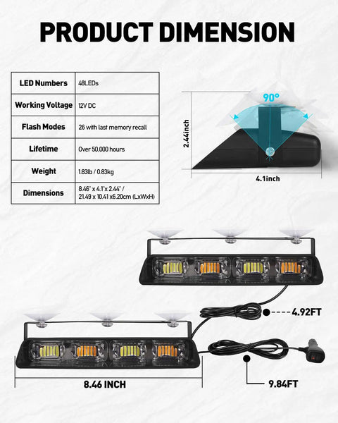 Product dimensions of Boss Level Amber White Emergency Dash Strobe Light Bar For Trucks And Construction Vehicles Windshield Visor Mount 48 Led Warning Hazard Flashing Lights Keep Your Fleet Secure On The Road Daily.