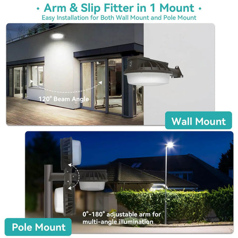Outdoor Dusk To Dawn LED Wall Pack Light 80W 10450 Lumens installed on wall and pole mount for night security lighting