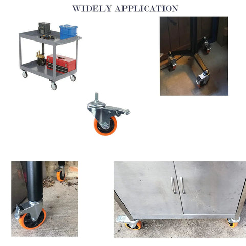Set of four orange 3-inch PVC swivel casters with M12 stems and dual brakes for heavy-duty carts
