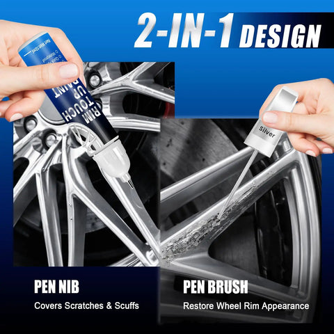 Universal Silver Rim Touch Up Paint With Built In Brush For Curb Rash And Wheel Scuff Scrapes Fast Curing Formula shown applied on alloy wheel.