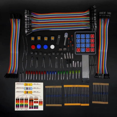 Assorted electronic components from Ultimate STEM Electronics Starter Kit With Mega 2560 Board, wires, sensors, resistors, transistors.