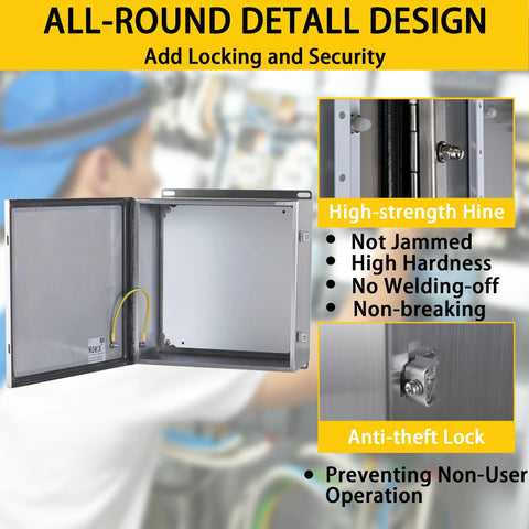 Stainless steel IP66 electrical enclosure with locking system and high-strength hinge for added security, durability, and prevention of unauthorized use.