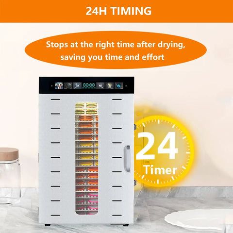 Professional Electric Food Dryer With 20 Tray Capacity And Precision 24 Hour Timer with digital display and stainless steel design.