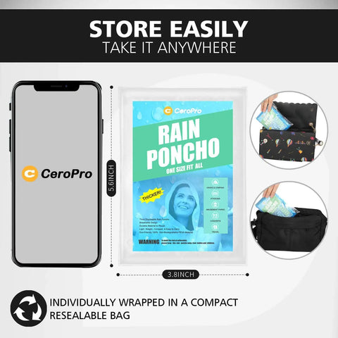 Disposable Rain Ponchos For Adults, 5 Pack Clear Hooded Ponchos, packaged in resealable bags for easy storage