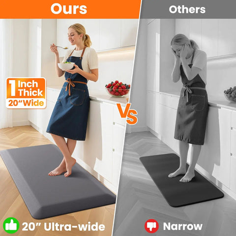Ultra thick 1 inch anti fatigue kitchen mat, grey vs narrow mat comparison