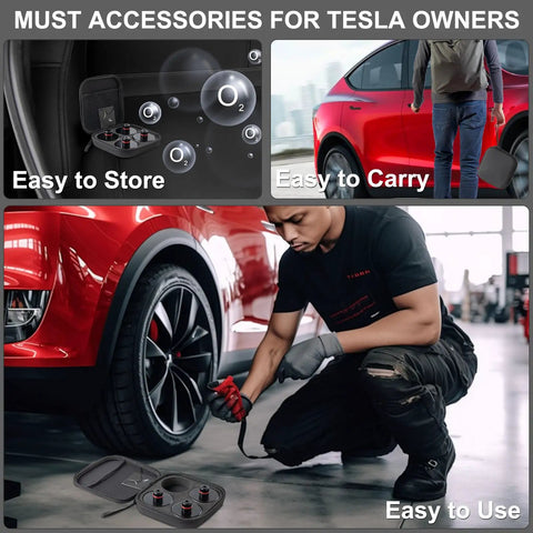 Tesla Lifting Jack Pads For Model 3 Model Y Model S And Model X Heavy Duty Rubber Lift Pucks in use on red Tesla car