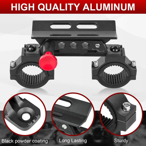 Built Different Quick Swap Roll Bar Fire Extinguisher Mount Bracket Kit for UTV ATV Jeep Wrangler close-up view of aluminum parts.