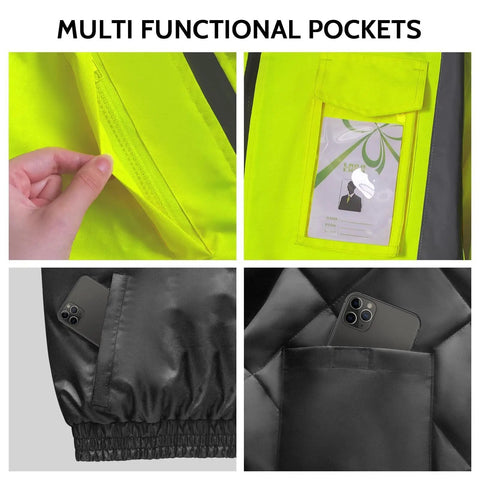 Heavy Duty Class 3 Hi Vis Reflective Jacket For Men, waterproof bomber coat with multi-functional pockets and inner mobile pocket.