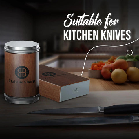 Rolling Knife Sharpener Kit With Diamond Stone And Magnetic Angle Guides For Kitchen Knives on a kitchen counter next to fruits.