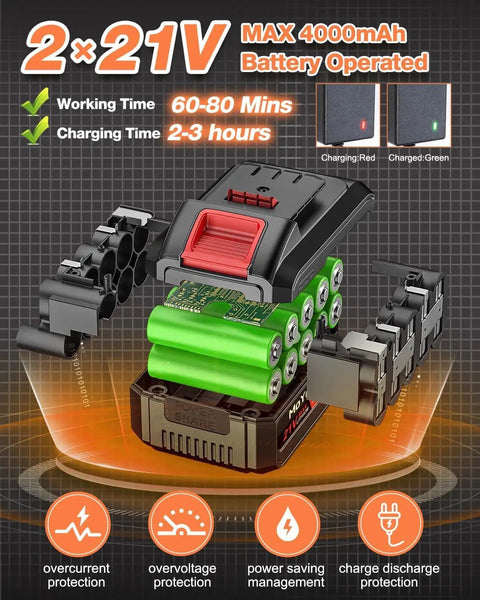 Detailed view of 21V battery pack for Cordless 21V Weed Eater With Dual 4Ah Batteries And Charger, highlighting battery features.