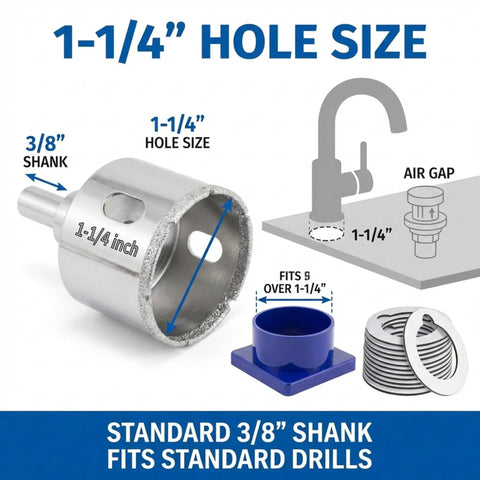 One And One Quarter Inch Diamond Hole Saw Kit With Water Guide For Ceramic Porcelain Glass Quartz Granite Countertops Wet Cutting Three Eighths Inch Shank DIY Friendly Drill Bit Set For Precise Holes, showing components and hole size.