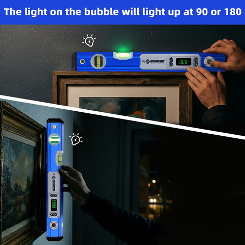 Heavy Duty Aluminum 16 Inch Digital Level With Glowing Cross Bubbles And Smart Light Trigger during layout work on a wall.