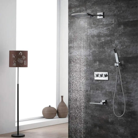 CUTPOIY Shower Set, Wall Bathroom Shower Mixers, Black Golden Brass Rainfall Concealed Shower System Embedded Box Mixer Valve, 16 Inch-A in modern bathroom.