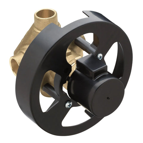 PosiTemp Rough In Pressure Balancing Shower Valve For Half Inch CC Connection Behind Wall Install A DIY Upgrade For Your Home Shower Experience Easy Install showing brass valve body and black mounting flange