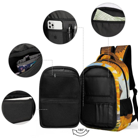 Interior view of Country Sunflower Landscape Unisex Backpack with large capacity, showing multiple pockets and storage compartments.
