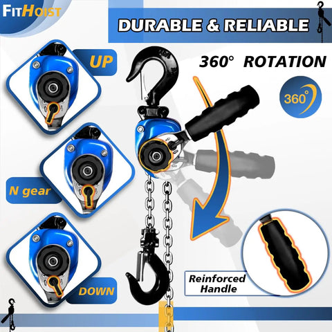 Mini Chain Hoist One Quarter Ton With Two Lift Sling Straps And Gloves Ten Foot Lift Reach Alloy Steel G80 Chain Manual Come Along Hoist With Two Heavy Duty Hooks Workhorse For Garages Warehouses Automotive Machinery, blue hoist with 360° rotation and reinforced handle
