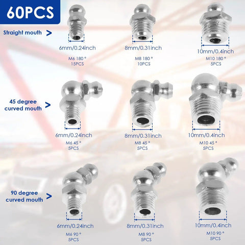 Pro Grade Metric Grease Fittings Kit 60 Or 120 Pcs Featuring 9 Types Galvanized Zerk Set High Hardness 45 And 90 Degree Fittings