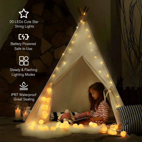 Warm White LED Star String Lights 10 Ft Battery Operated For Indoor Outdoor Decor illuminating a cozy children's tent at night
