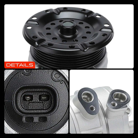 Replacement AC Compressor With Integrated Clutch Six Groove Pulley For Dodge Caliber Jeep Compass 2007 To 2009 top view and detail angles.