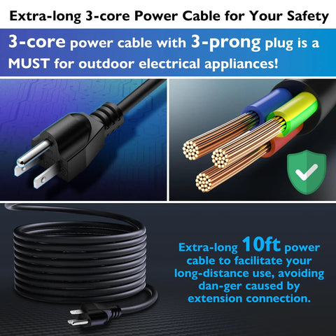 Extra-long 3-core power cable with 3-prong plug showing interior wires and coiled cord, 10ft length for outdoor use.