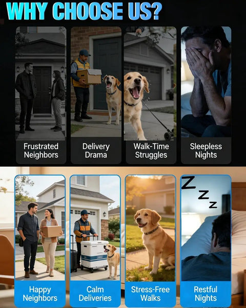 Ultrasonic Dog Bark Control Device With Sensor Tech, Remote, And Adjustable Modes For Indoor Outdoor Use, Rechargeable Bark Deterrent With 15-35KHz Frequency, Keeps Your Home Quiet And Your Nerves Chill, infographic showing noisy dog scenes and calm results