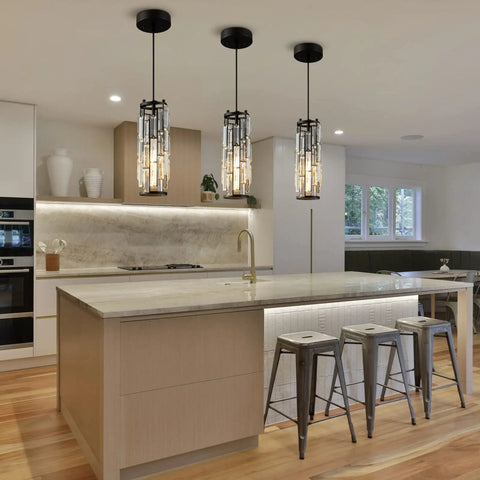 Dope Black Modern Crystal Pendant Light For Kitchen Island With Adjustable Height, K9 Crystal Beads, E27 Base hanging over island
