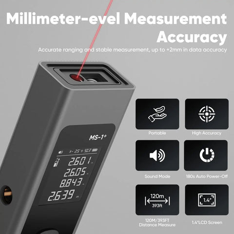 ProTap 2-in-1 Laser Measure & Line Laser 393 FT showing precision measurements on 1.4" LCD screen with laser targeting.