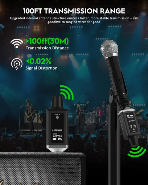 M3 UHF Wireless Microphone System with XLR Transmitter and Receiver, 16 Channels, 164 Ft Range, live concert stage setup