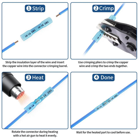 Step-by-step guide using 1500 Piece Heat Shrink Butt Connector Kit for Marine and Auto Wiring with blue 16-14 AWG wire.
