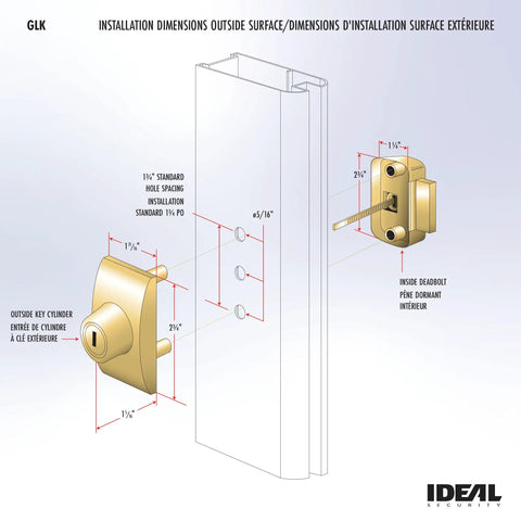 Installation diagram dimensions for Rock Solid Heavy Duty Deadbolt Lock For Storm And Screen Doors Featuring Quick Keyed Entry.