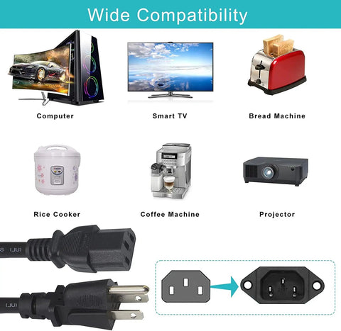 AC Power Cord Cable Plug For Roland Fantom G6 G7 G8 Keyboard Workstation Replacement 18 AWG 3 Prong NEMA 5 15P To C13 125V 10A shown with compatible devices like computer, TV, and toaster.