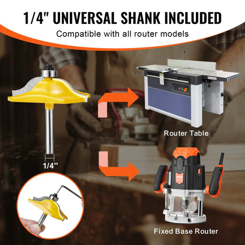 Pro Grade Carbide Router Bit Set With 1/4 Inch Shank shown with router table and fixed base router, 3-piece kit