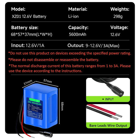 Diagram of 12V 5600mAh Lithium Battery with charger and bare leads for DIY projects, showing dimensions and specifications