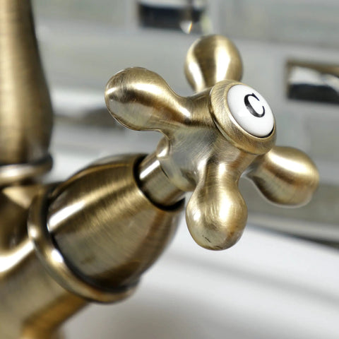 Close-up of Antique Brass Vessel Sink Faucet With Deck Mount 1 Or 3 Hole Installation Deck Plate Drip Free Ceramic Disc Cartridge 1.2 GPM