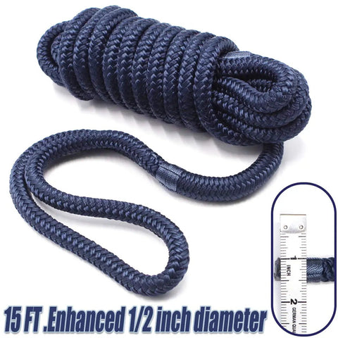 Rock Solid 1/2 Inch X 15 Feet Dock Lines Navy Blue 4 Pack Marine Grade Double Braided Nylon Boat Rope rolled up for use.